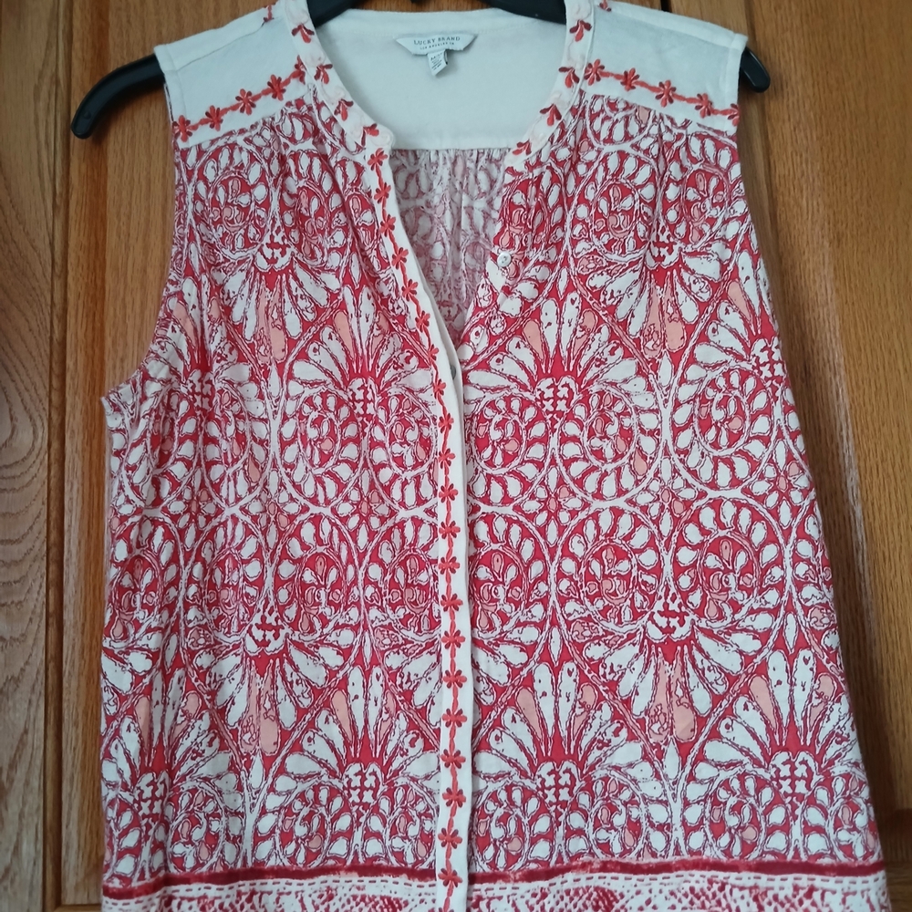 Lucky Brand Red and White Embroidered Tank Top